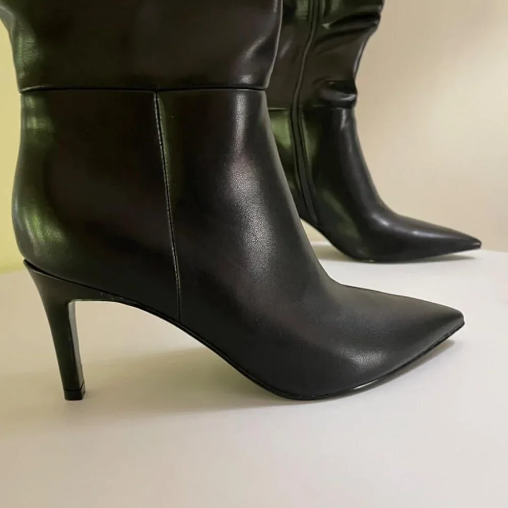 🆕Women Black Faux Leather Pointed Toe Tall  Stiletto Heel Zipper Dress Boots